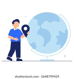 Um curioso jovem explorador segura um local ao lado de um globo, representando viagens globais, descobertas e aprendizado intercultural.