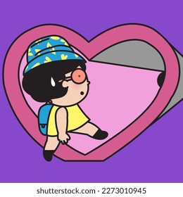 Curious Young Girl Exploring The Complicated Tunnels Of Heart Concept Card Character illustration