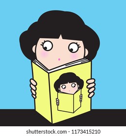 A Curious Young Girl Learning Ownself From Reading A Book. Concept of Finding Yourself Card Character illustration