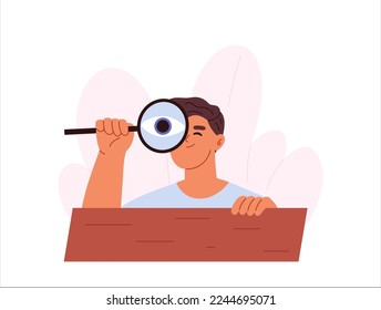Curious young man spying, observing, sneaking. Boy peeping look through magnifying glass hiding. Suspicious male peek, look out, search. Cartoon flat vector illustration