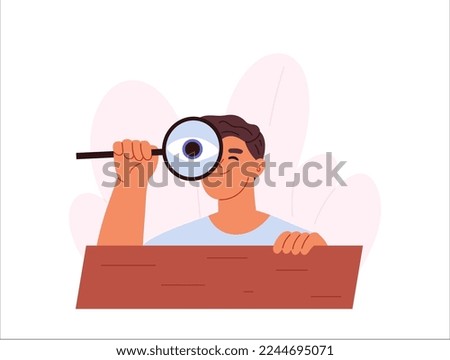Curious young man spying, observing, sneaking. Boy peeping look through magnifying glass hiding. Suspicious male peek, look out, search. Cartoon flat vector illustration