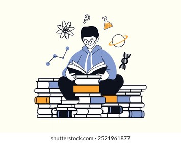 Um jovem curioso de óculos senta-se sobre uma pilha de livros, absorto em leitura. Ao seu redor estão símbolos da ciência e do conhecimento, como um átomo, um frasco, um planeta e uma fita de DNA.