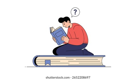 Curious young person kneeling on a large book reading and contemplating a question mark above their head