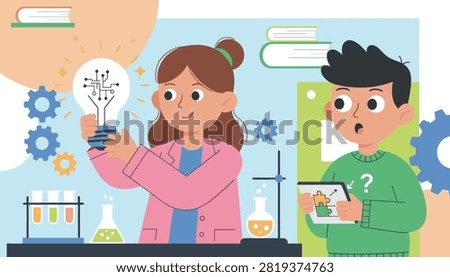Curious young students conducting a creative scientific experiment in a chemistry lab with electronic light bulb.