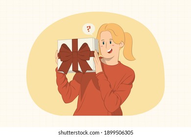 Curious young woman holding present box with gift ribbon bow concept for banner, poster, website, etc.