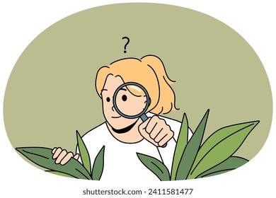 Curious young woman with magnifying glass hide in bushes spy after people or neighbors. Suspicious girl feel confused and doubtful look with magnifier. Vector illustration.