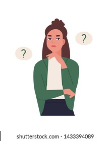 Curious young woman solving problem. Pensive or thinking girl surrounded by thought balloons with interrogation points. Female character asking questions. Flat cartoon colorful vector illustration.