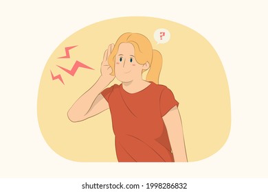 Curious young woman try to hear someone listening intently with hand near ear concept
