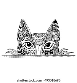 Curious zentangle cat peeking out from white background. Vector image for adult colouring book