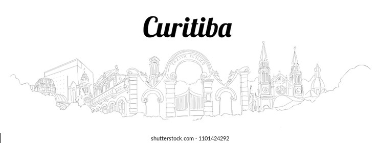 Curitiba city vector panoramic hand drawing sketch illustration 