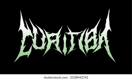 Vector de diseño de tipografía de texto de Curitiba en estilo gótico agudo y puntiagudo con degradado verde claro sobre fondo negro. Perfecto para prendas de vestir con estampado de camisetas de metal y diseños alternativos