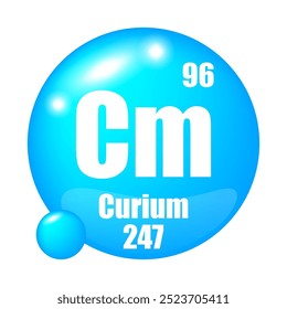 Curium icon. Cm chemical element. Atomic number 96. Mass 247. Blue sphere symbol.