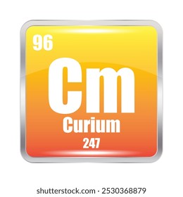 Ícone Curium. Cm elemento químico. Número atômico 96. Massa 247. Imagem quadrada laranja. Símbolo de vetor.