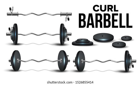 Curl Barbell Lifting Collapsible Kit Set Vector. Chrome Steel Barbell, Black Weights Plates Bodybuilder Sport Equipment Details For Strong Muscles. Powerlifting Mockup Realistic 3d Illustrations