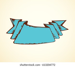 Curl blank blue romantic title sheet tape isolated on white backdrop. Outline cyan ink hand drawn picture sketchy in art scribble retro style pen on card with space for text 
