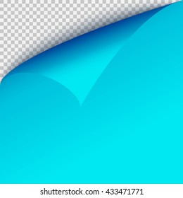 Curl corner blue paper template. Transparent grid. Empty isolated background page.
