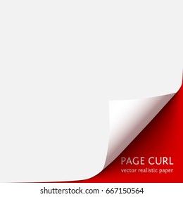 Curl corner of white paper with shadow on red background. Realistic vector paper page 