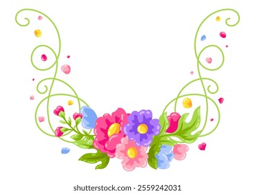 Curl element with flowers. Beautiful decorative natural plants and leaves.