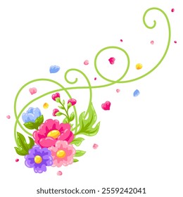 Curl element with flowers. Beautiful decorative natural plants and leaves.