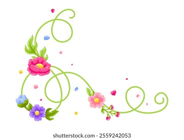 Curl element with flowers. Beautiful decorative natural plants and leaves.