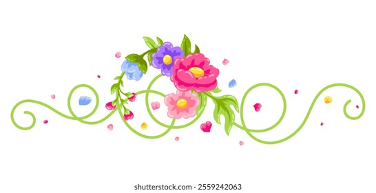 Curl element with flowers. Beautiful decorative natural plants and leaves.