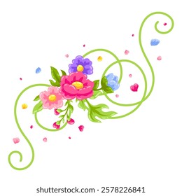 Curl element with flowers. Beautiful decorative natural plants and leaves.