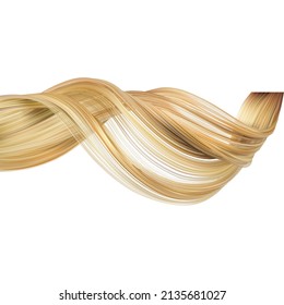 A curl of female curly hair. Beautiful healthy female blond hair. Vector 3d realistic illustration isolated on white background.