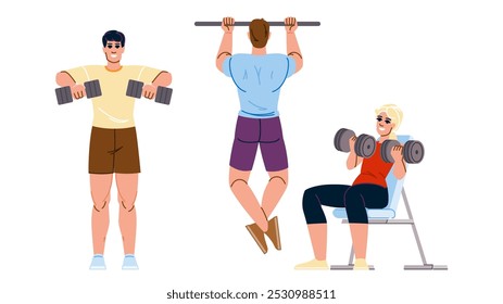 curl fitness exercises arm vector. dip plank, chinup press, extension flex curl fitness exercises arm character. people flat cartoon illustration