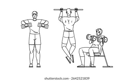 curl fitness exercícios braço vetor. prancha de imersão, chinup press, extensão flex curl fitness exercícios braço personagem. pessoas linha preta lápis desenho ilustração
