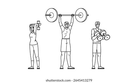curl fitness exercises arm vector. dip plank, pullup chinup, extension flex curl fitness exercises arm character. people black line pencil drawing illustration