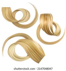 Curl of hair blond color. Straight female healthy hair. Set of vector 3d images isolated on white background.