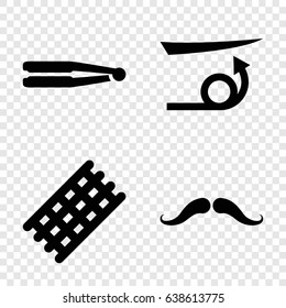 Curl icons set. set of 4 curl filled icons such as mustache, hair straightener, hair curler
