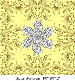 Curl line flourish symbols. Scroll decorative vintage elements. Seamless. Doodle, sketch, scribble on yellow, neutral and white colors. Victorian swirly ornaments Vector illustration.