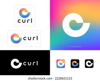 Curl logo. C monogram as spiral shape. Identity, corporate style, app button set. Rainbow background.