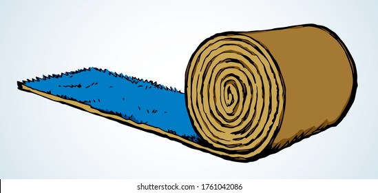 Curl luxury cyan vip reel unroll lay on white paper text space. Bright blue color hand drawn fold flat decorative mattress pad object logo design concept in retro art cartoon print style. Closeup view