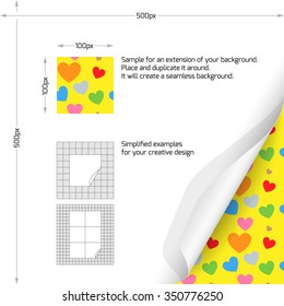 Curl Paper Corner with a Sample of Heart for Reproduction on Seamless Background. Vector Illustration