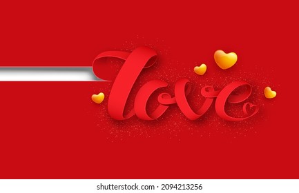 Curl Paper Love Font With Golden Glossy Hearts And Lights Effect On Red Background.