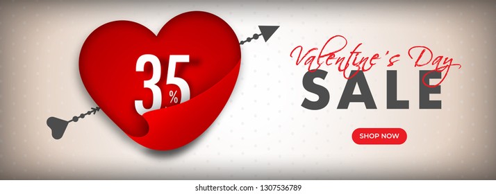 Curl paper style heart shape with 35% discount offer for Valentine Day sale banner or poster design.