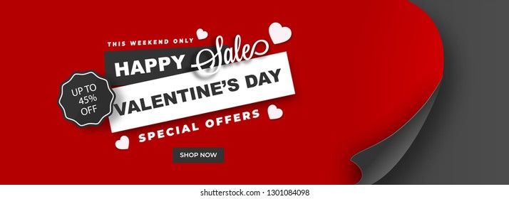 Curl paper style weekend sale header or banner design with 45% discount offer for Valentine's Day celebration.