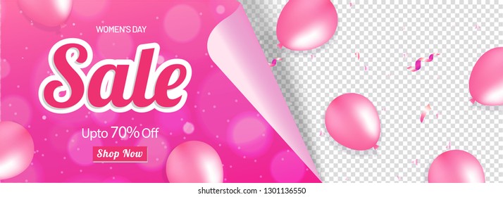 Curl paper style women's day sale header or banner design decorated with pink balloons and space for your product image.