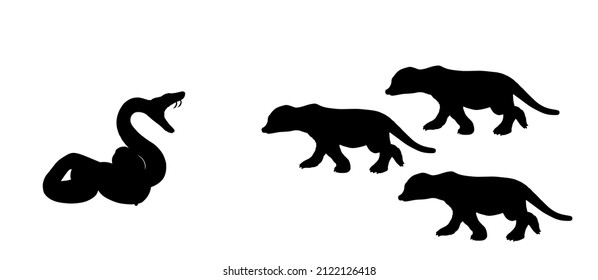 Curl snake defend against mongoose meerkat family attack prey vector silhouette illustration isolated on white background. Black serpent. Poison snake shape shadow. Deadly venom predator. Danger treat