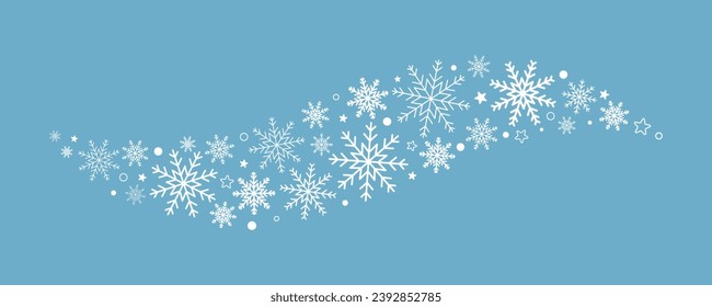 Curl of snowflakes. Snowflakes and stars in vector. Blizzard of snowflakes and stars.