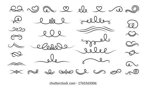 Curl and swirl calligraphic set. Vintage borders, vignettes decorative elements. Elegant graphics elements ink black and white drawing whorls. Isolated vector illustration