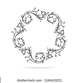 curl and swirl design vector frame element or lace border circle that is hand drawn with floral leaves and flourishes, wedding design or Victorian accent