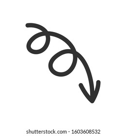 curled arrow down, linear icon. Editable stroke