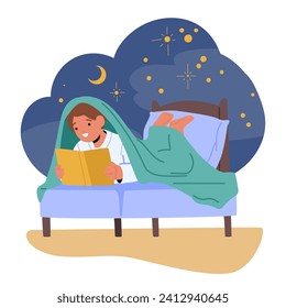 Amarrado En La Cama, El Caracter De Niño Pequeño Se Esconde En Un Libro, Inmerso En Un Mundo De Imaginación, Cautivado Por La Magia De Las Palabras Y La Narración De Cuentos. Ilustración de vectores de personas de caricatura