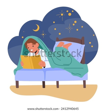 Curled Up In Bed, Little Child Boy Character Engrossed In A Book, Immersed In A World Of Imagination, Captivated By The Magic Of Words And Storytelling. Cartoon People Vector Illustration