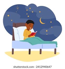 Curled Beneath Cozy Blankets, Child Character Engrossed In A Book, Bathed In The Soft Glow Of Stars, Explores Distant Realms Through The Magic Of Storytelling. Cartoon People Vector Illustration