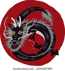 Curled up black dragon with round background
