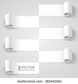 Curled blank paper stripe banners with shadows on white background. RGB EPS 10 vector illustration